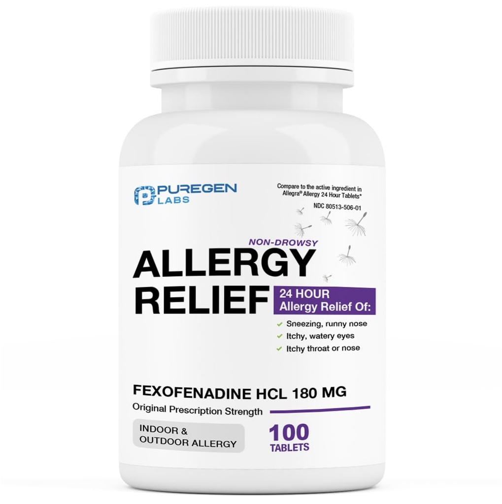 Puregen Labs Allergy Relief, Fexofenadine 180mg, 100 Tablets – 24 Hour Non-Drowsy Antihistamine Allergy Medicine for Runny Nose, Sneezing, Itchy, Watery Eyes - 미국에서 만든