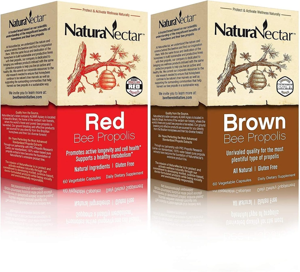 NaturaNectar Natural Bee Propolis Bundle - Red Propolis 및 Brown Propolis - 면역 지원, 호흡 건강 및 건강한 대사 - 병 당 60 캡슐
