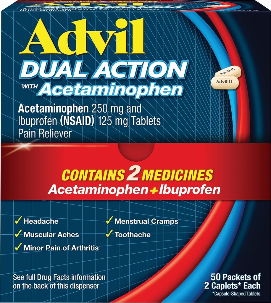Advil 이중 활동은 Acetaminophen, 250 Mg Ibuprofen 및 Dose (2 Dose Equivalent) 당 500 Mg Acetaminophen를 가진 모자를 8 시간 고통 구호 - 2 조사 x 50 입혔습니다