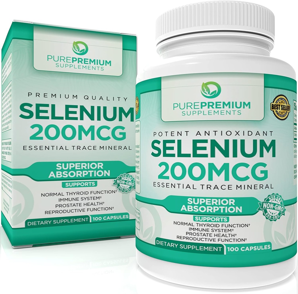 PurePremium Selenium 200mcg 보충교재 - L Selenomethionine 정유 - 정상적인 Thyroid, 면역 체계를 위한 매일 지원| 정상 전립선 기능 - 3 달 공급 - 100개의 캡슐