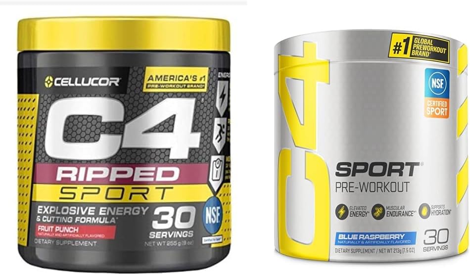 C4 Ripped 스포츠 사전 운동 분말 과일 펀치 - 스포츠 + Sugar Free & C4 Sport Pre Workout Powder Blue Raspberry - 사전 운동 에너지