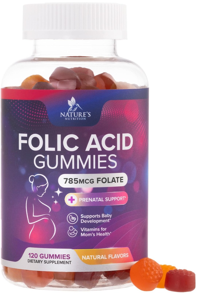여성 785 mcg, 엄마 & 아기를 위한 필수 Prenatal 비타민, Vegan Folic 보충교재 거미, 매일 비타민 B9 여분 힘 Folate를 위한 Folic 산 Gummies, 임신 후에 - 120 Gummies