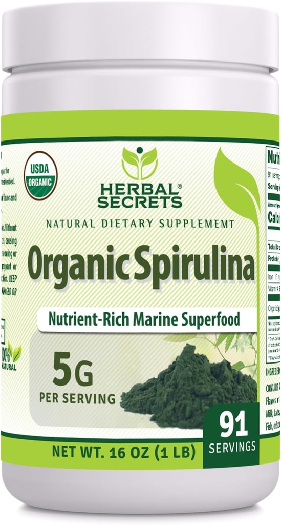 허브 비밀 유기 Spirulina 분말 16 Oz|비 GMO | 글루텐 프리 | 미국