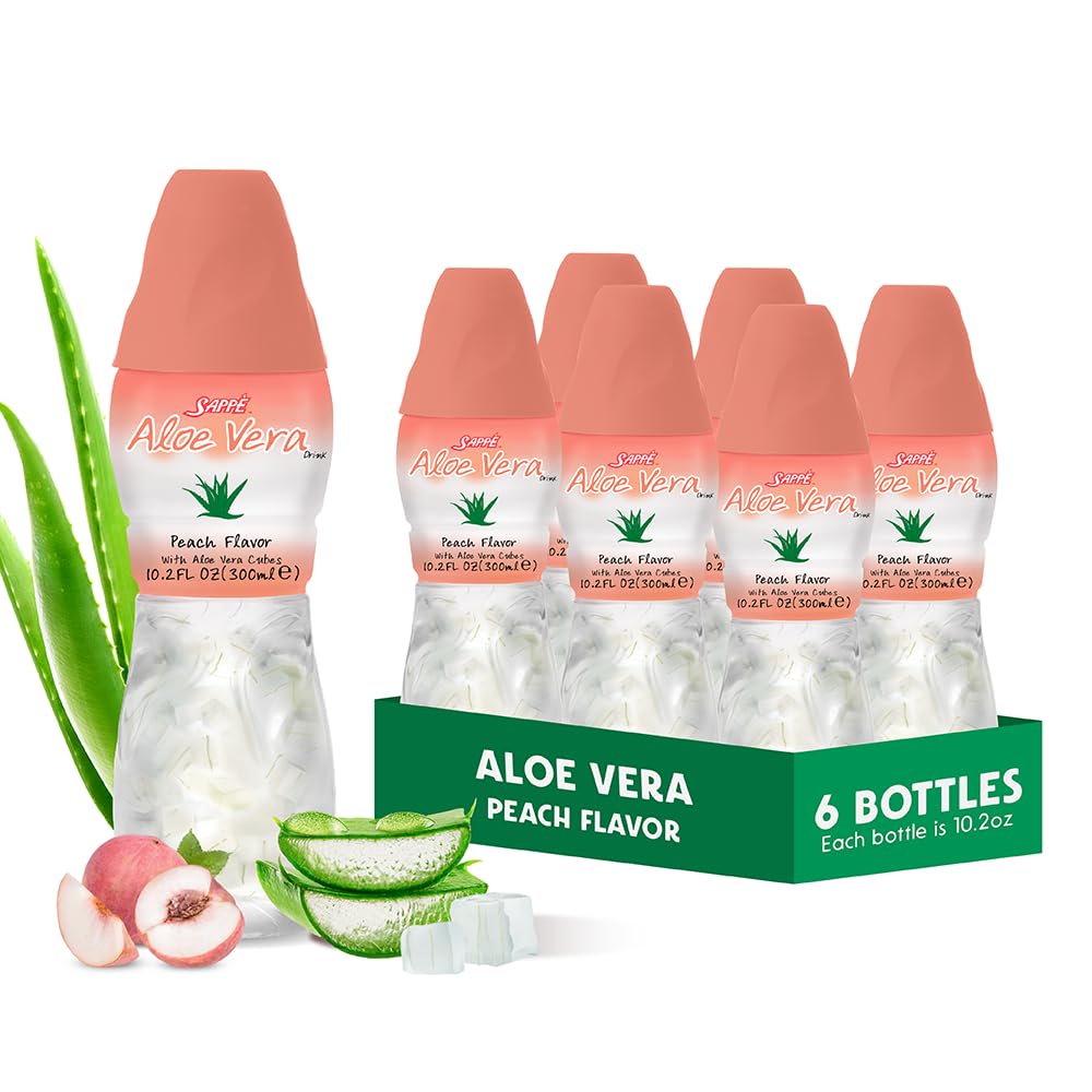 알로에 베라 주스 (Peach flavored) 더 큰 chunky 순수한 알로에 펄프 (6 팩) 수화를 위해 중대한 식물에 근거한 주스는 큰 알로에 펄프를 포함합니다. 그것은 성인과 아이를 위해 건강합니다