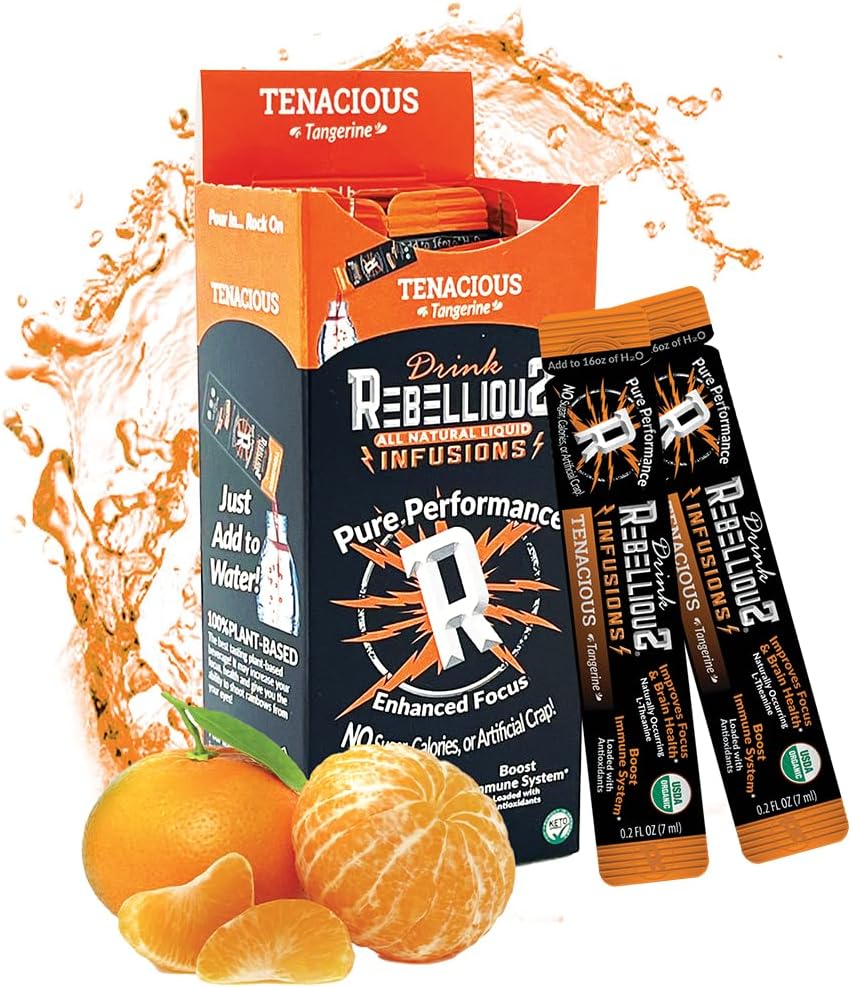 Rebellious Tenacious Tangerine Organic Drink Mix - Zero Calorie Energy Drink Mix | Monk Fruit & Green Tea Extract | L-Theanine + Natural Caffeine | 100 % 플랜트 기반 | 10 팩 | Keto,Gluten-Free