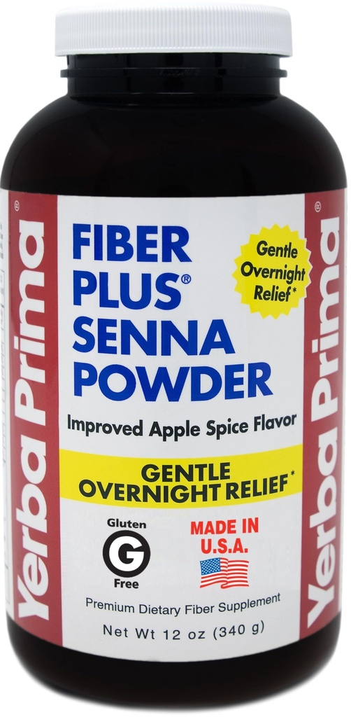 Yerba Prima Fiber Plus Senna Powder, 12 oz (Pack of 1) - Apple Spice flavor, Gentle Overnight Relief, USA Made, Non-GMO, Stevia Sweetened, Short-Term Use to Restore Regularity