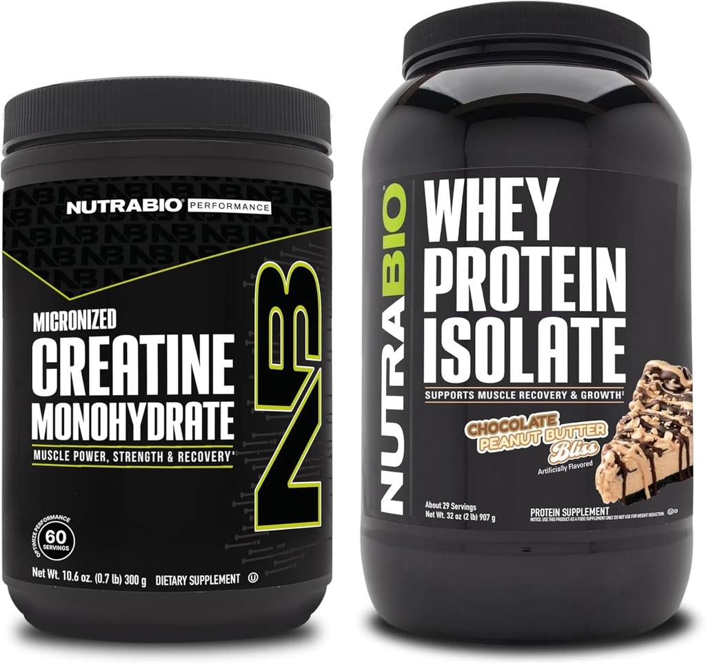 NutraBio Creatine Monohydrate, Unflavored, 300g 및 Whey Protein Isolate, 초콜릿 땅콩 버터, 보충 번들 - 근육 에너지, Lean 근육 성장, 회복 및 힘