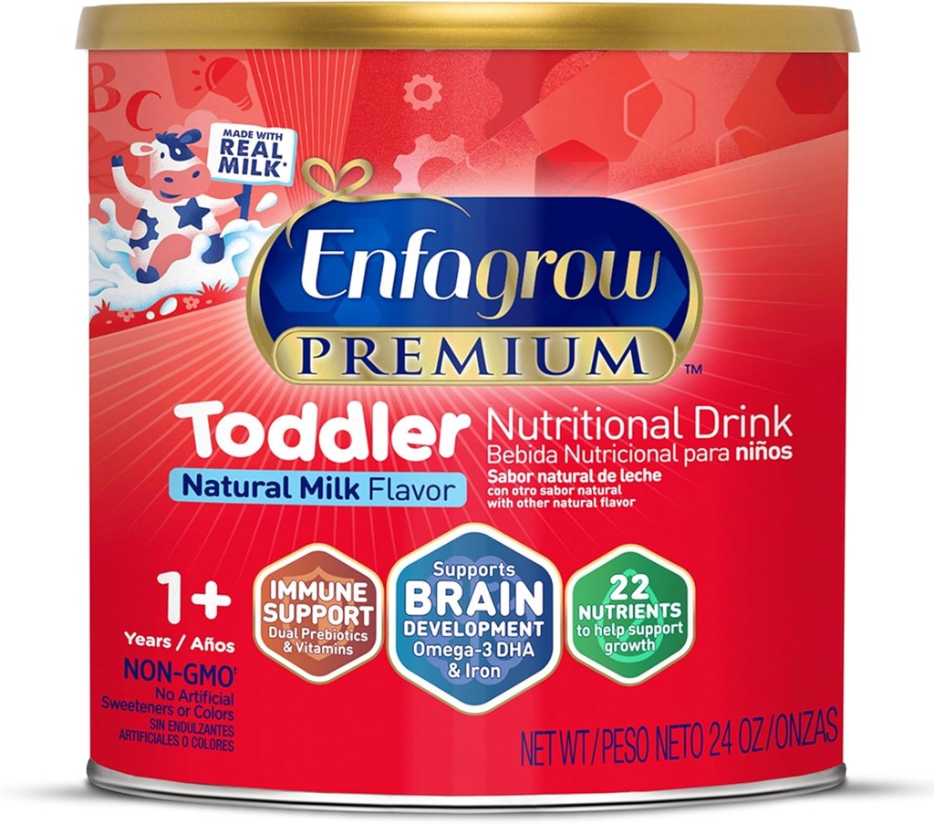 Enfagrow PREMIUM 유아 영양 음료, Real Milk, Brain-Building Omega-3 DHA, Nutrients 및 Prebiotics로 만든 성장 및 면역 지원, Non-GMO, 유아 우유 분말, 24 Oz Can