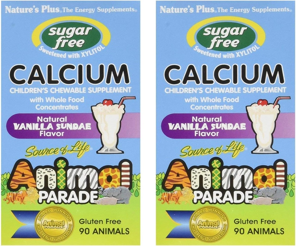 NaturesPlus Animal Parade Sugar-Free 어린이 칼슘, 바닐라 선대 맛 - 90 Chewable Animal Shaped Tablets, Pack of 2 - Bone Health - 글루텐 무료 - 90 서빙