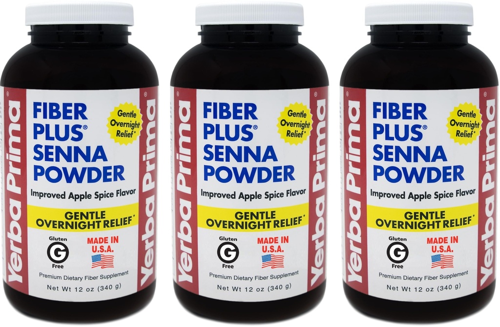 Yerba Prima Fiber Plus Senna Powder, 12 Ounce (Pack of 3) - 짧은 기간 동안 사용, 향상된 Apple Spice 맛, Stevia Sweetened, Gentle Overnight Relief, Non-GMO 제공