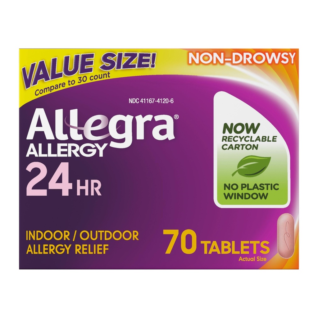 Allegra 성인 24 시간 알레르기 완화 정제, 비 돌리실 실내와 옥외 알레르기 약, 180 mg Fexofenadine HCI 항히스타민 알약, 70-Count