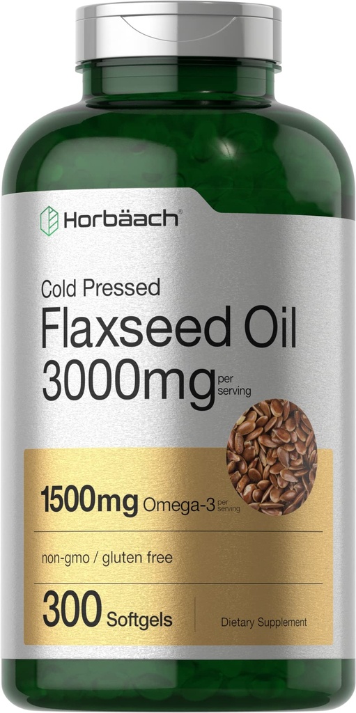 Horbäach Flaxseed Oil Softgel 캡슐 3000mg | 300 개 | 높은 효능 | 오메가 3 6 9 인| 비 GMO, 글루텐 프리 | 냉 프레스 플라스 씨앗
