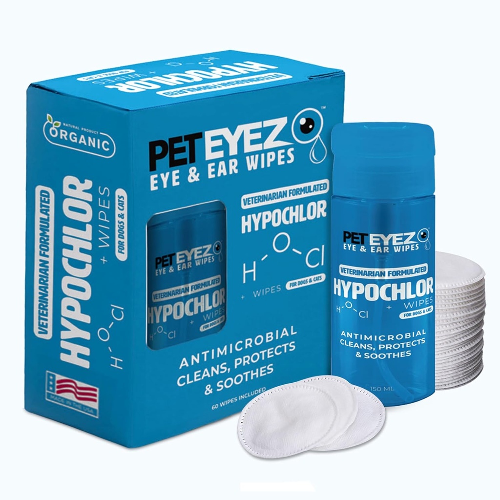 PetEyez Veterinarian Formulated Tear Stain Remover Solution for Dogs & Cat - Dirt를 제거하기 위해 Hypoallergenic Deodorizing Cleaner, Ears, Eyes, Paws & Butt - 100 Wipes