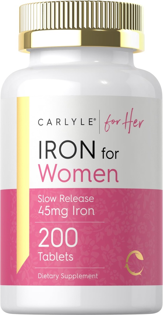 여성용 Carlyle Iron Supplement | 45mg | 200 Slow Release Tablet | 채식주의자, 비 GMO, 글루텐 무료환 | 약용