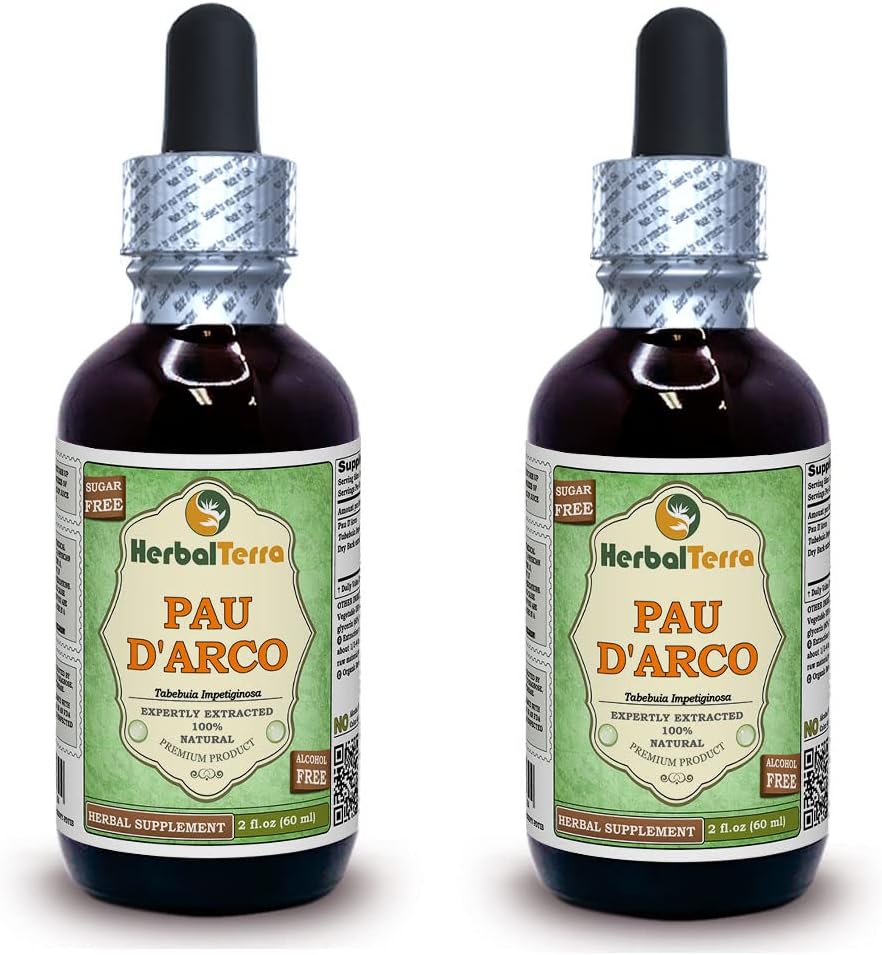 PAU d'arco (Tabebuia Impetiginosa) Glycerite, 말린 Bark 알콜 자유로운 액체 추출물 (브랜드 이름: HerbalTerra, 미국에서 Proudly 만드는) 2x2 fl.oz (2x60 ml)