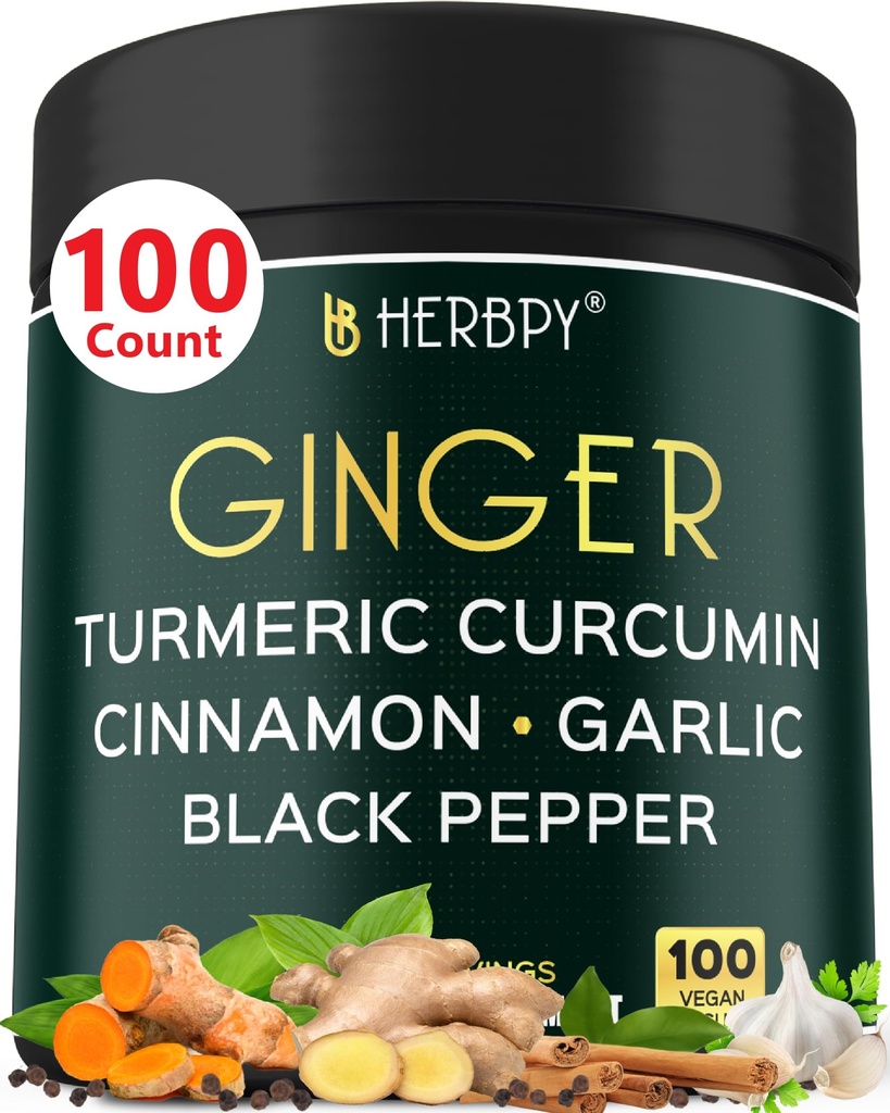 5in1 생강 및 심황 보충제 Ceylon Cinnamon, 마늘 - 소화, 면역, 뇌 및 심장 건강 지원 - 100 Vegan 캡슐