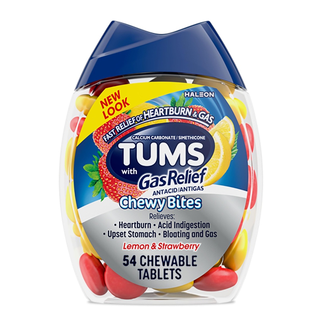 TUMS Chewy Bites Chewable Antacid 정제 가스 구호, 레몬 & 딸기 - 54 조사