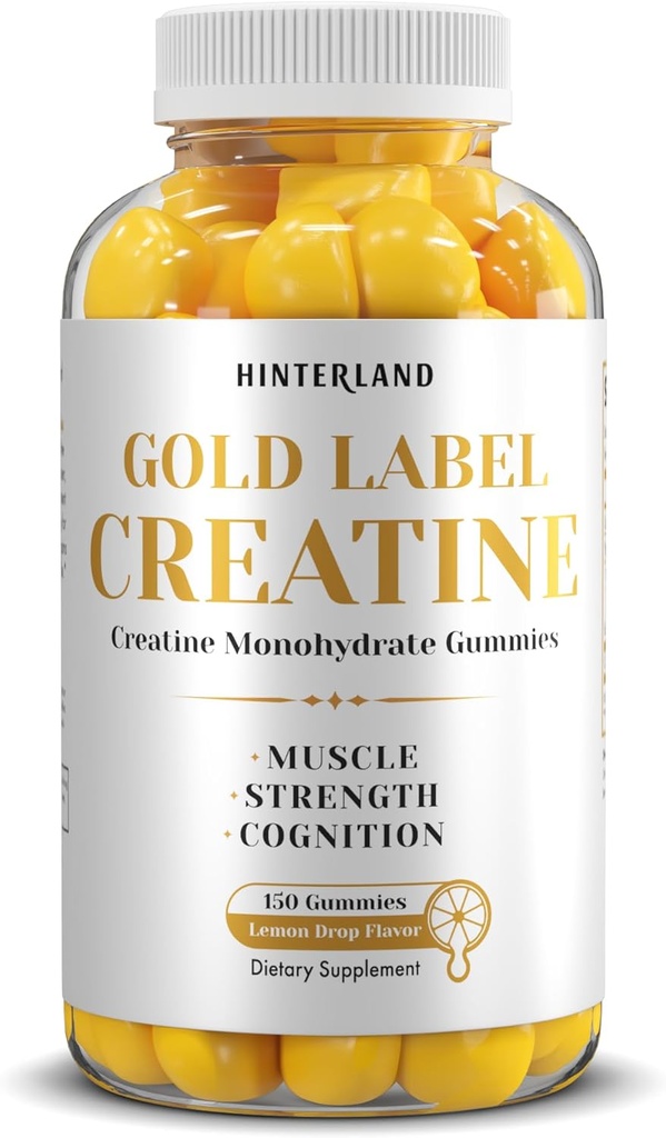 Hinterland Verlag Gold Label Creatine Monohydrate Gummies for Strength, 근육 건물, 뇌 건강 보충교재, 서빙 당 5g, 150 Gummies (30 서빙).