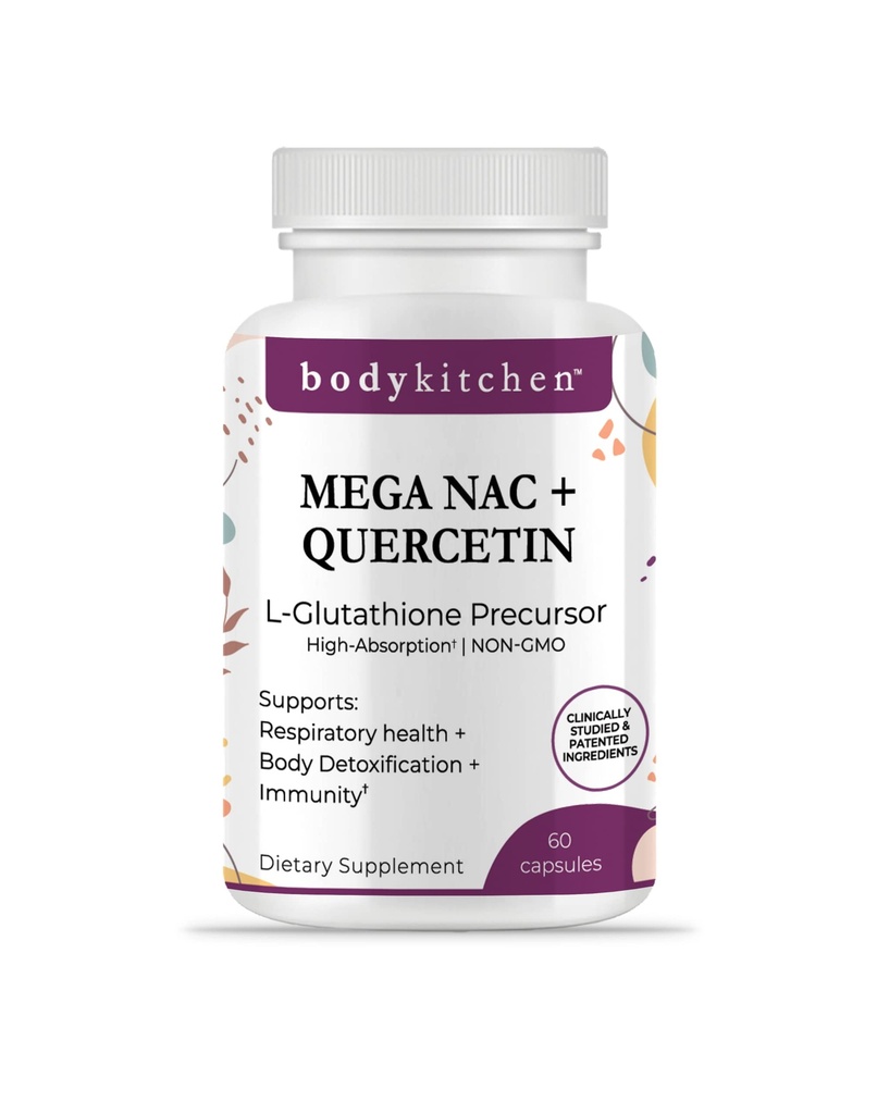 몸 부엌 메가 NAC (N-Acetyl Cysteine) Quercetin를 가진 600 mg, 지원 호흡 건강 및 면역 기능 및 촉진 Liver 및 Kidney Detox, Veggie 모자, (1의 포장)