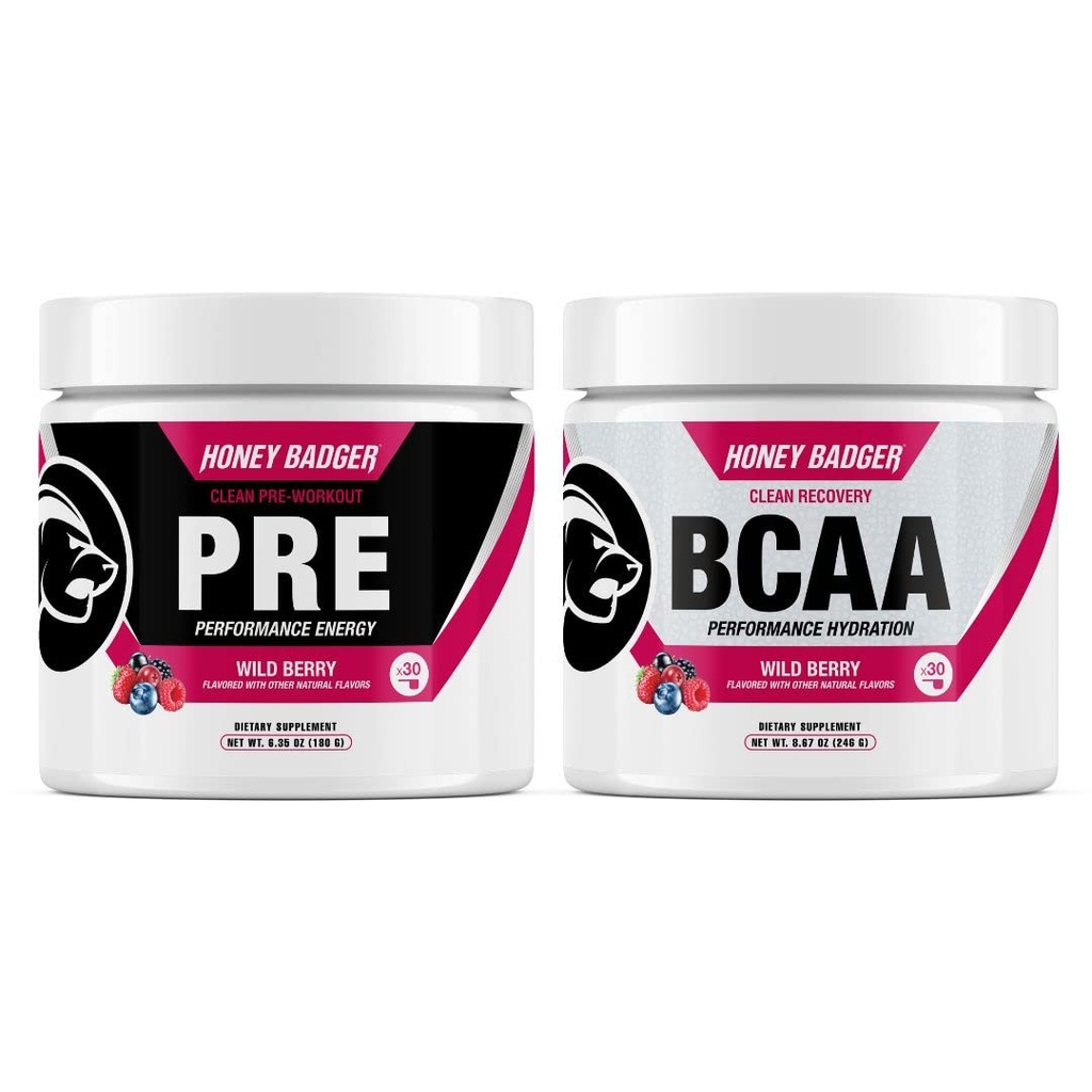 허니 배드 사전 운동 분말 및 BCAA 아미노산 분말 번들 | 베타 알라닌, 카페인 & 비타민 C + 일렉트로트로트 | 남성용 Vegan Keto Sugar Free & Paleo | 30 인분 (Wild Berry)