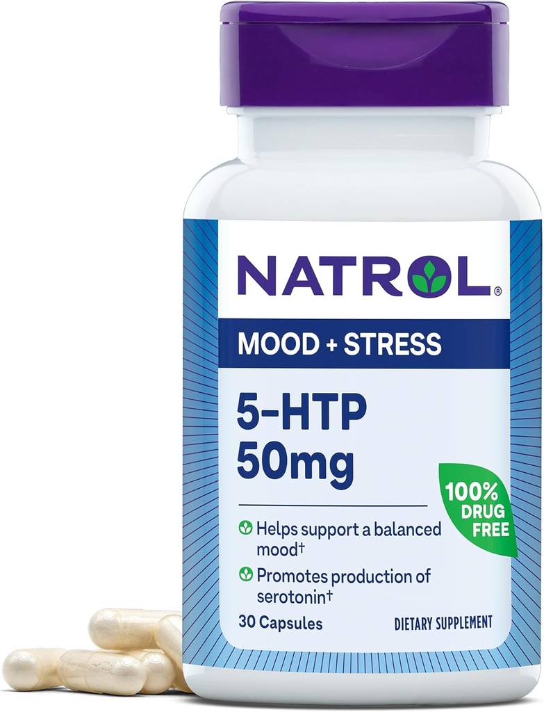 Natrol 계류 & 긴장 5-HTP 50mg의 규정식 보충교재 도움은 균형 잡힌 계류, 30의 캡슐, 7-30 일 공급을 지원합니다