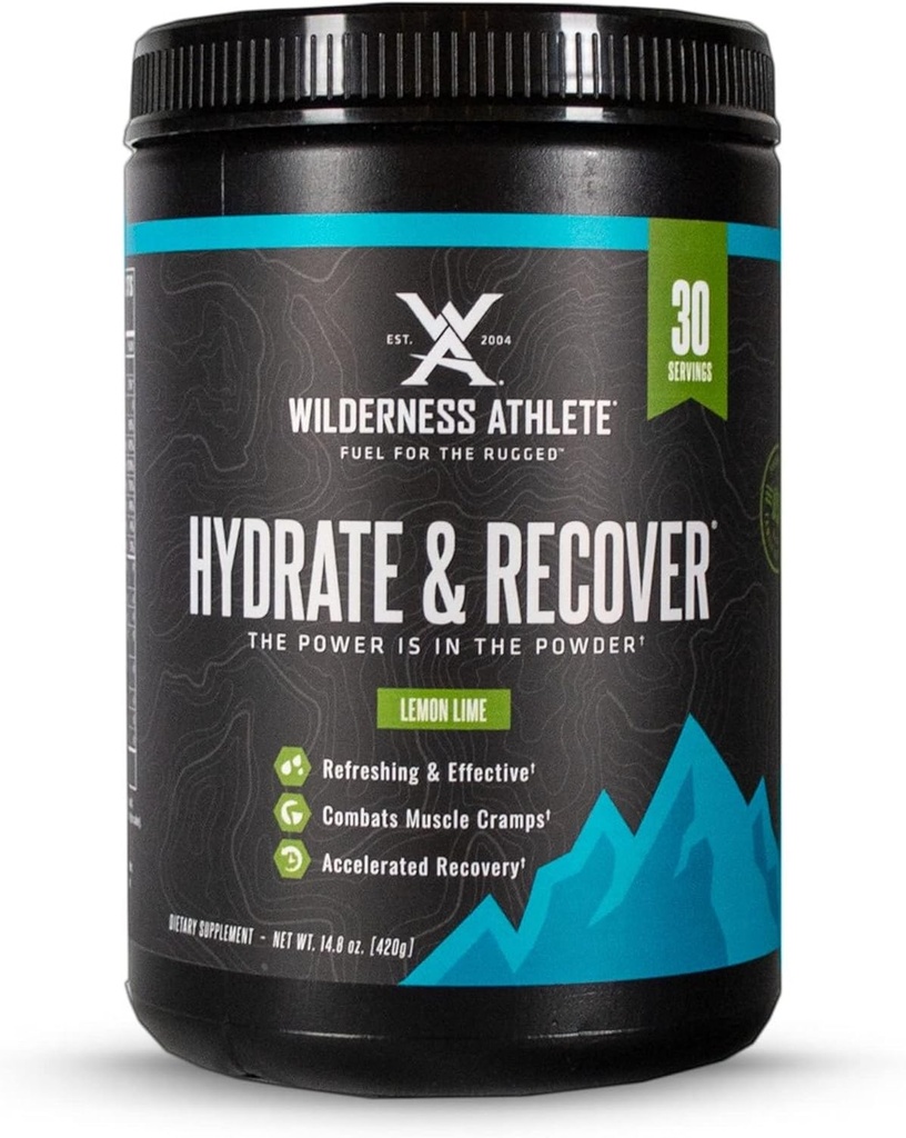 Wilderness Athlete - Hydrate & Recover | Liquid Hydration Powder Electrolyte Drink Mix - Bcaas와 함께 패스너를 복구 - 비타민 C 1000mg의 하이드로 테 파우더 - 30 서빙 욕조 (레몬 라임)