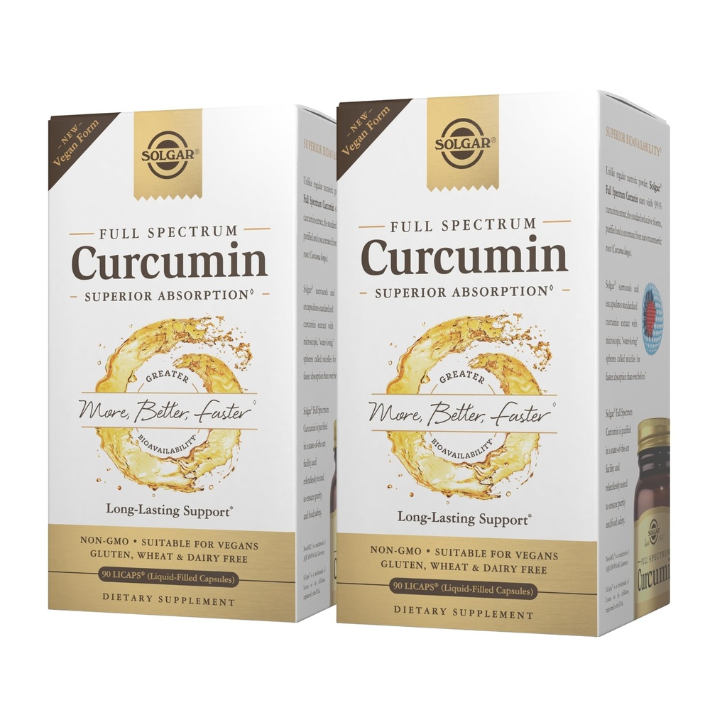 Solgar Full Spectrum Curcumin - 90 LiCaps, 2 팩 - 뛰어난 흡수 - 두뇌, 관절 및 면역 건강 - 비 GMO, Vegan, 글루텐 무료, 낙농 무료 - 180 총 서빙