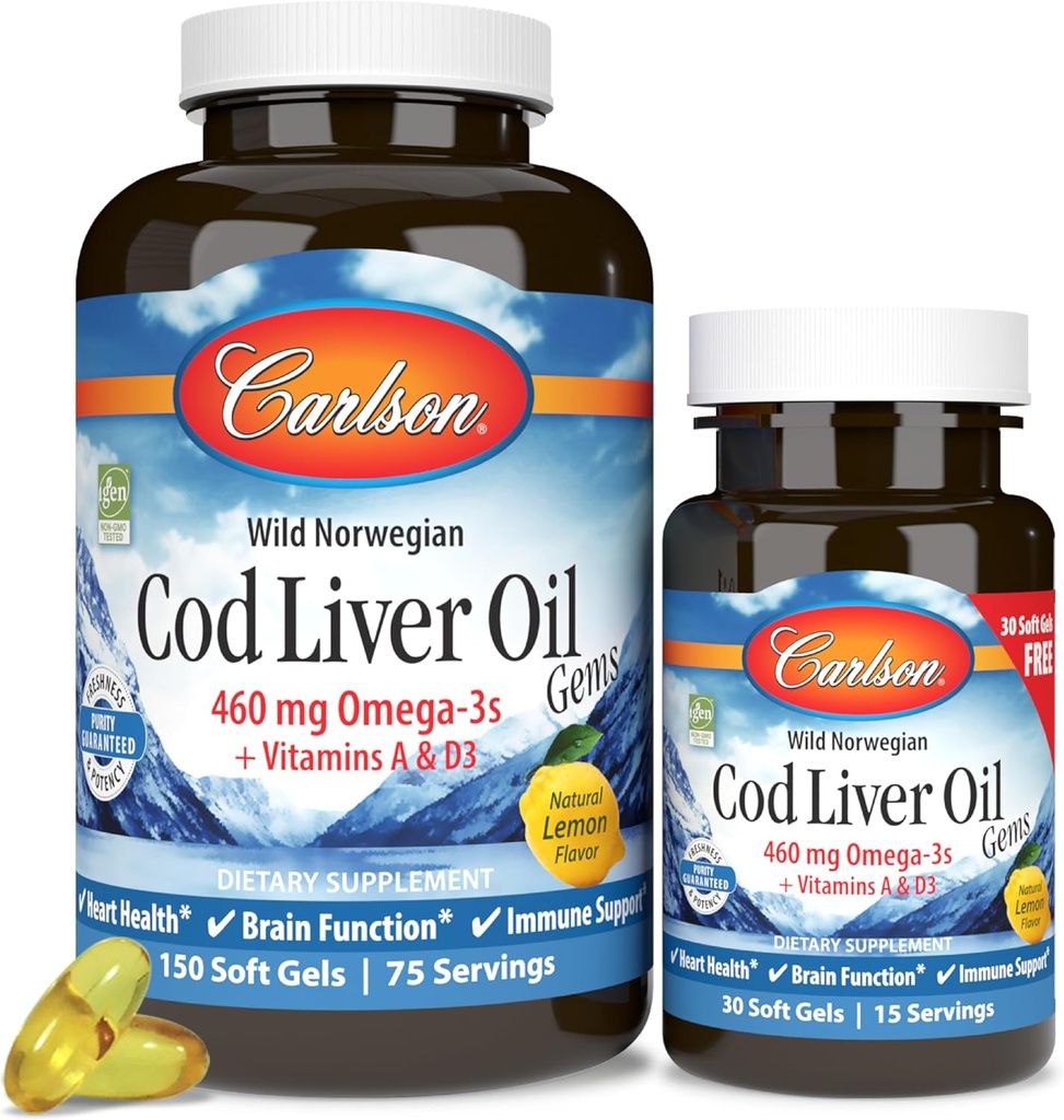 Carlson - Cod Liver Oil Gems, 460 mg Omega-3s + Vitamins A & D3, Wild-Caught Norwegian Arctic Cod Liver Oil, Sustainably Sourced Nordic Fish Oil Capsules, 레몬, 180 Softgels