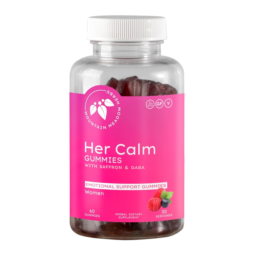 산 Meadow 허브 그녀의 Calm Gummies – Saffron, 열정 꽃, St. John 's Wort, GABA와 자연 계류 지원 – 여성을위한 스트레스 완화 보충 – 60 ct