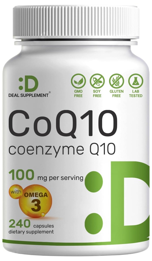 DEAL SUPPLEMENT CoQ10 100mg 와 오메가 3 100mg, 240 캡슐 | 바이오 사용 가능한 코엔자임 Q10 공식 | 비 GMO