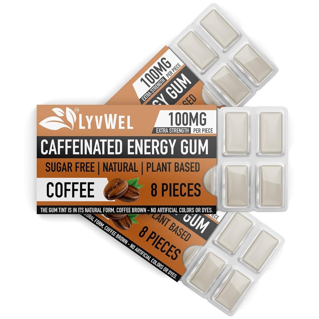 LyvWel Energy Gum | 100mg Caffeine per gem | 모든 자연 | 설탕 무료 사전 운동 부스트 : Awake- 3 팩 (커피)를 보관하는 필수 에너지 보충