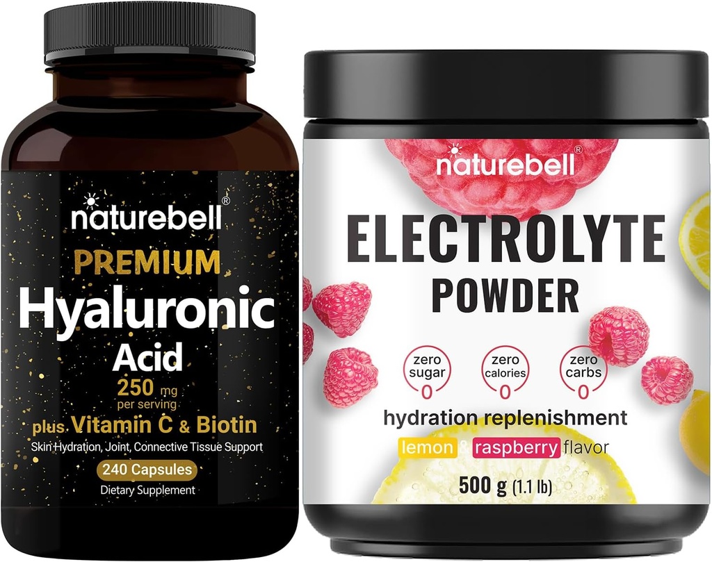 NatureBell Hyaluronic Acid Capsules with Biotin + Vitamin C & Electrolyte Hydration Powder 번들 팩 | 완전한 Beauty Care Complex | Real Coconut Water Electrolytes