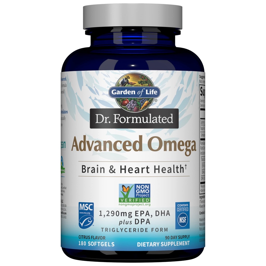 생명 박사의 정원 공식화 고급 오메가 물고기 기름 - 레몬, 1,290mg EPA, Triglyceride 모양에 있는 DHA + DPA, 궁극적인 두뇌를 위한 단 하나 근원 오메가 3 보충교재 & 심장 건강, 비 GMO, 180 Softgels