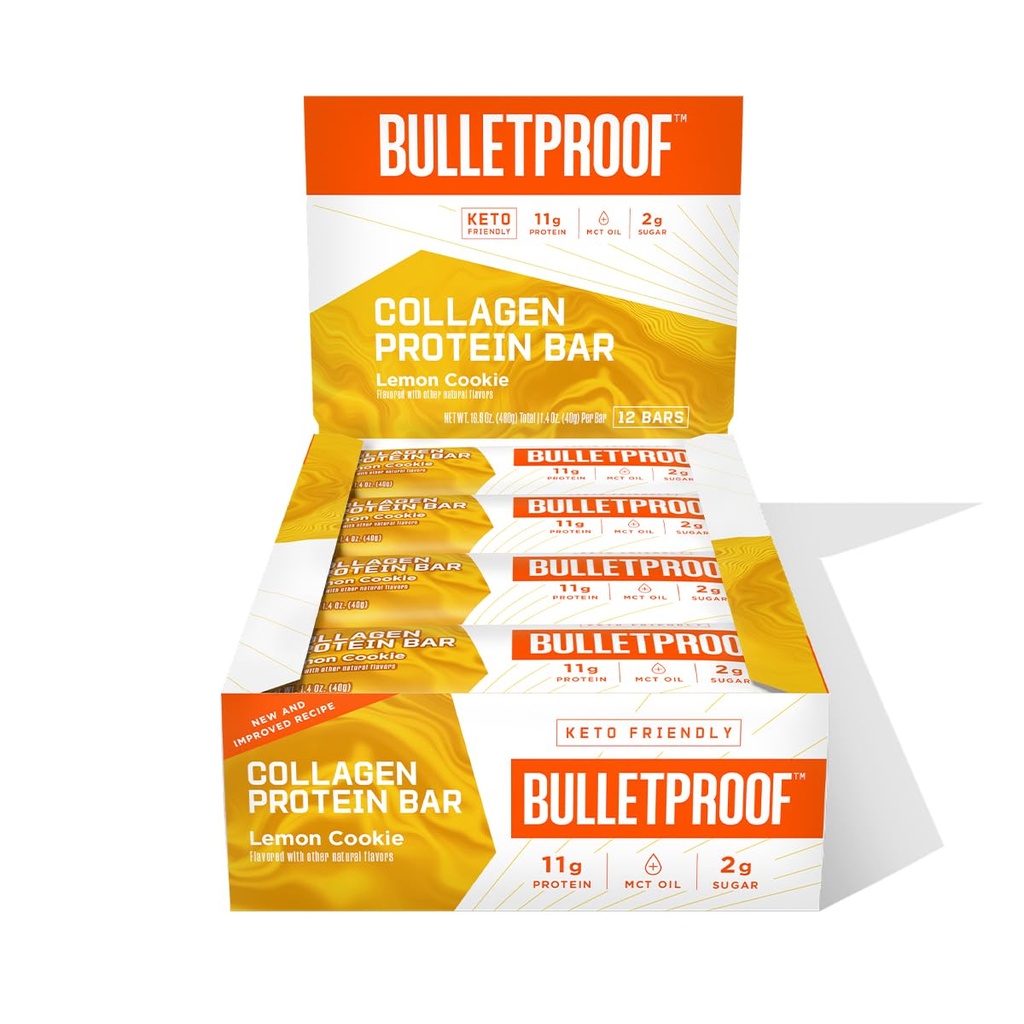 Bulletproof Lemon Cookie Collagen Protein Bar, 12, MCT Oil, Grass-fed Collagen, Sugar와 Keto-Friendly 스낵 팩