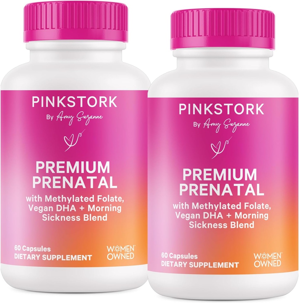 여성을위한 핑크 Stork 프리미엄 Prenatal 비타민 - Multivitamin & Probiotics - 모닝 매닉, 소화 및 에너지 - Folate, B6, & Iron - 60 캡슐 - 2 팩