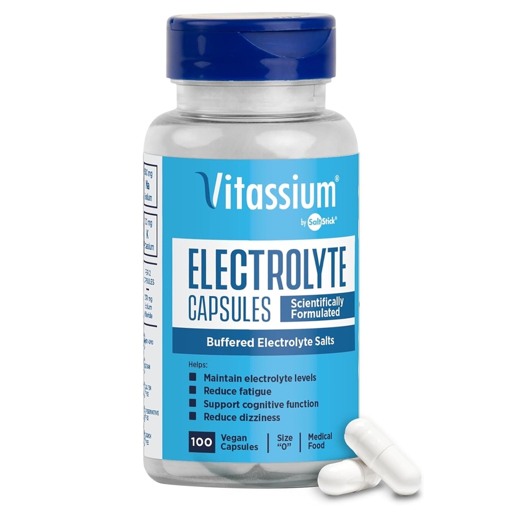 Vitassium Electrolyte 캡슐, POTS와 높은 나트륨 다이어트 (500mg 나트륨 - 100mg 칼륨)의 관리를위한 전해질, 불연, 100 소금 알약 (크기 0)