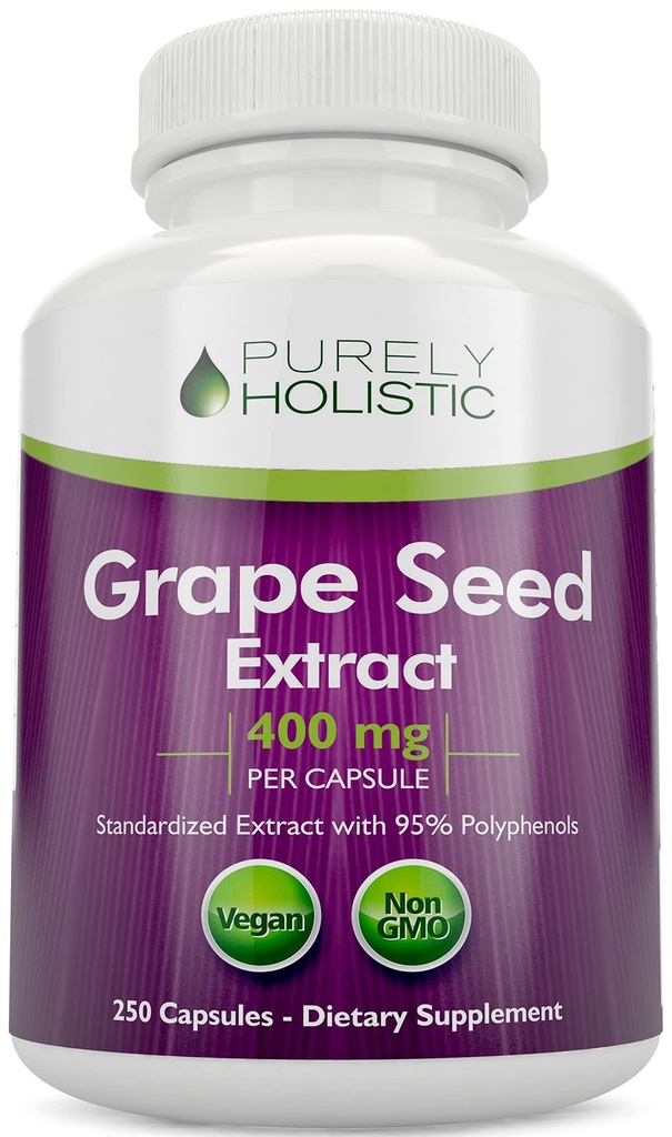 Purely Holistic 포도씨 추출물 20,000mg - 250 Vegan 캡슐 - 8 + 달 공급 - 캡슐 당 95% 폴리페놀 - 400 mg에 표준화 - 최대 힘 Grapeseed - 비 GMO & 농약 자유로운