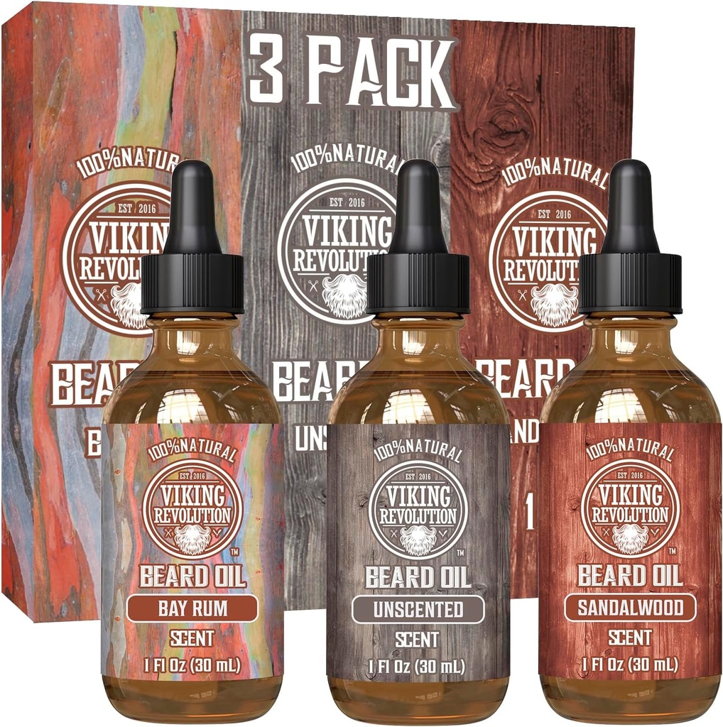 Viking Revolution Beard Oil for Men 3 Pack - Natural Mens Beard Oil Variety Set 2 - Sandalwood, Unscented and Bay Rum Scents - 건강한 Beard (3 팩, 1oz)에 대한 Beard 조건 및 습기를 공급
