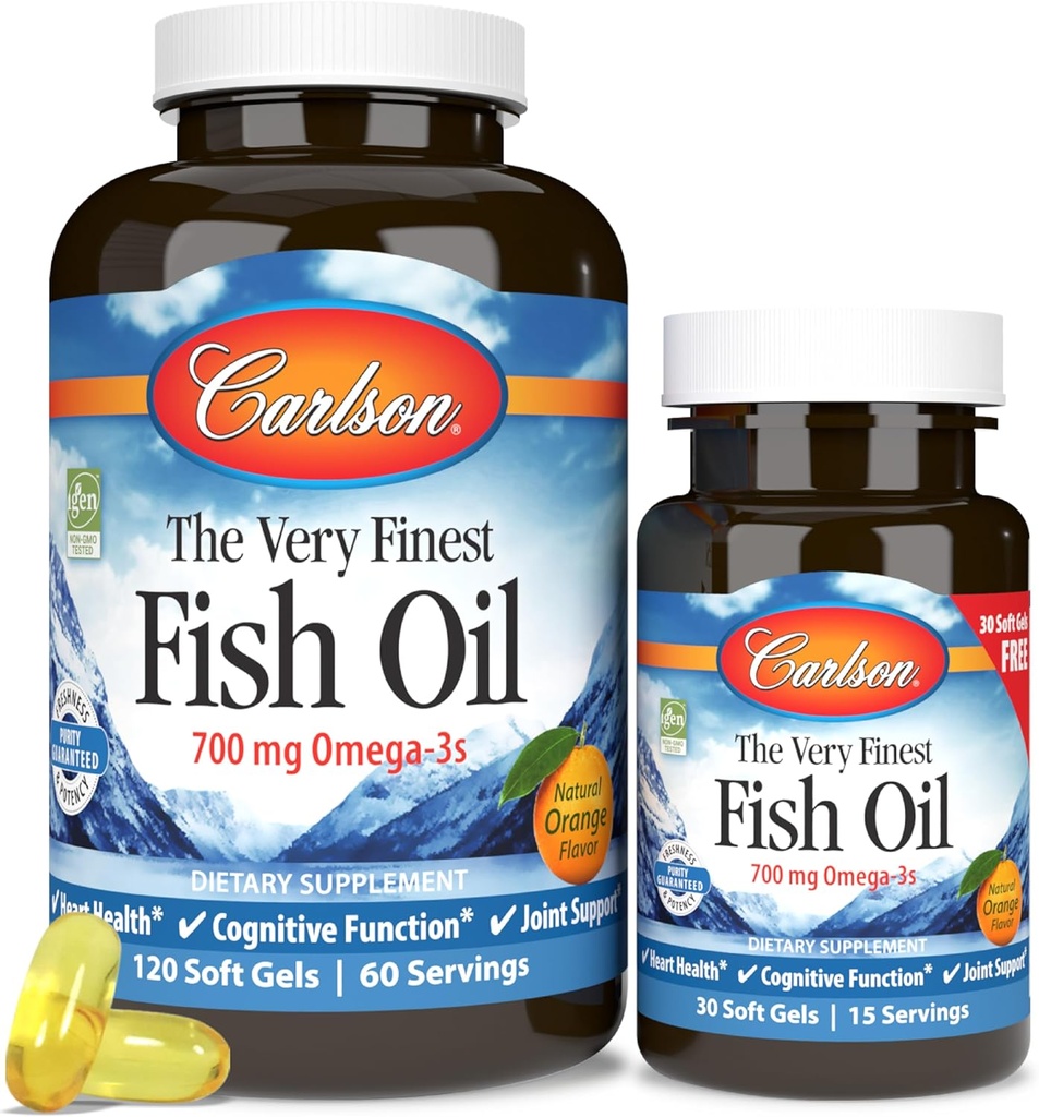 Carlson - 매우 정밀한 물고기 기름, 700 mg Omega-3s의 노르웨이어 물고기 기름 보충교재, 야생 잡은 Omega-3 물고기 기름, 지속가능한 Sourced 물고기 기름 캡슐, Omega-3 보충교재, 오렌지, 120+30 Softgels