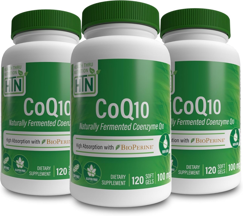 BioPerine (Pack of 3X 120 Softgel)을 가진 건강 Thru 영양 CoQ-10 100mg | 높은 흡수 Naturally Fermented USP 급료 Coenzyme Q10 | 3rd Party Tested | 심장 건강 및 에너지 지원