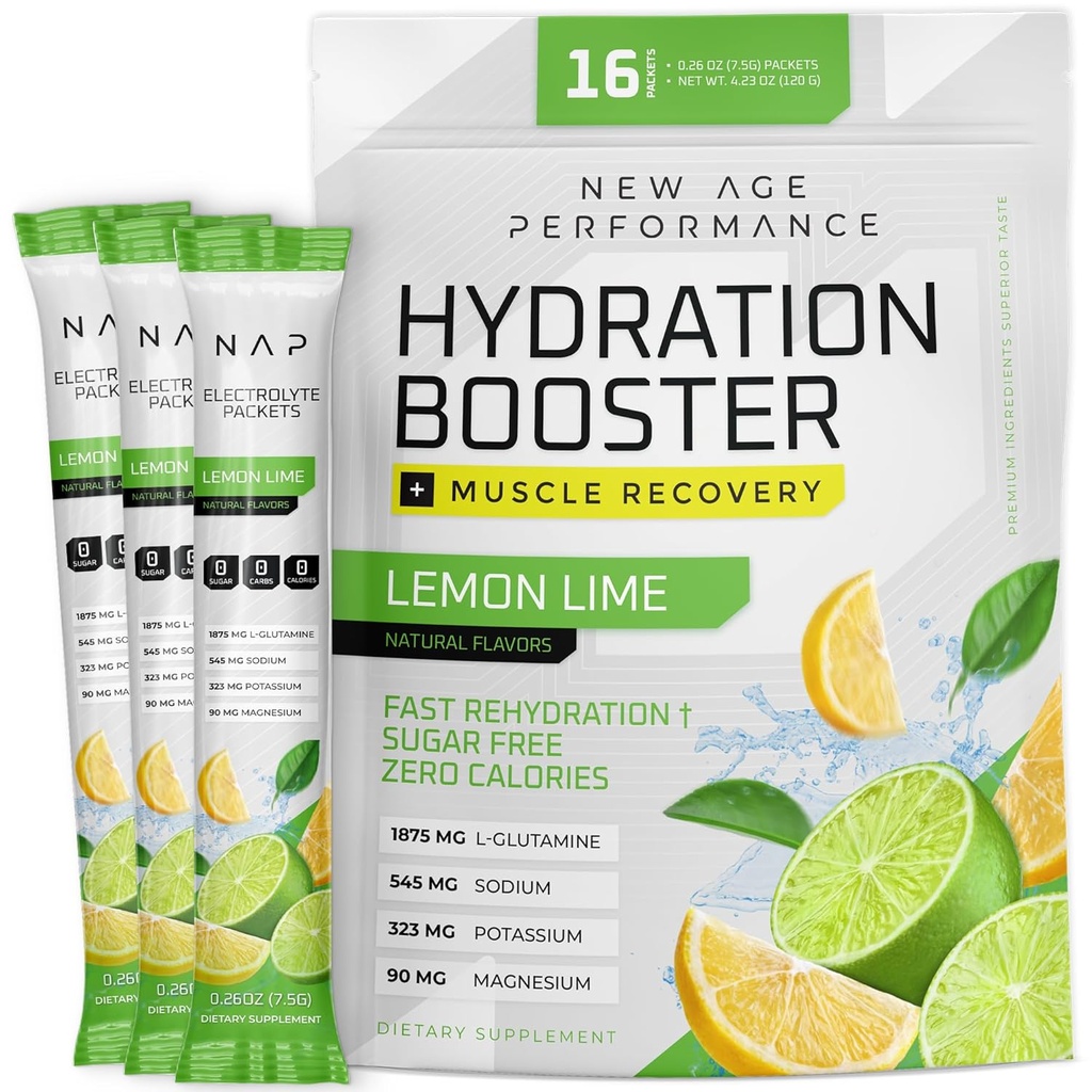 새로운 나이 성과 Hydration 소포, Electrolytes 분말, Dehydration 기복을 위한 액체 증강 인자, 근육 운동 회복을 위한 L 글루타민 아미노산, 설탕 자유로운 & 0 Calorie, 16의 지팡이 (레몬 Lime)