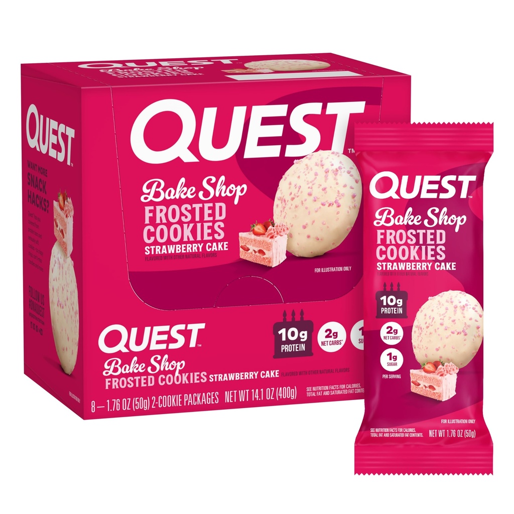 Quest Nutrition Frosted Cookies Twin Pack, Strawberry Cake, 1g Sugar, 10g Protein, 2g Net Carbs, 글루텐 무료, 16 쿠키