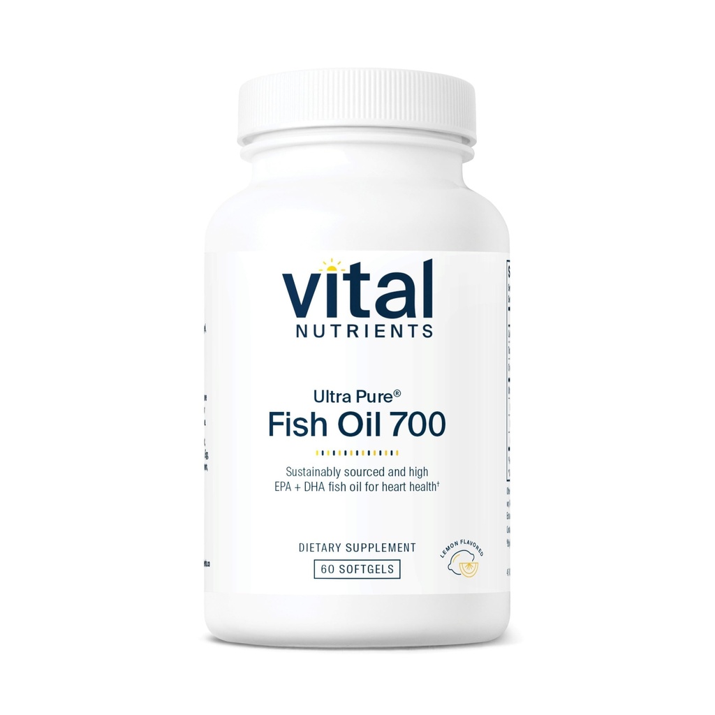 Vital Nutrients Ultra Pure® Fish Oil 700 | 하트, 뇌 및 관절 건강 지원 * | 지속 가능한 Sourced High EPA 및 DHA Omega-3 지방산 | 레몬 맛 | 글루텐, 다이어리 & 소이 무료 | 60 Softgels