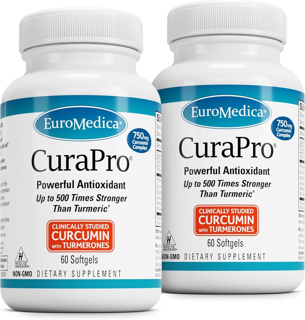 EuroMedica CuraPro - 뇌 및 면역 건강 지원을위한 산화 보충 - Curcumin 및 Turmeric Essential Oil과 다이어트 보충 - 초본 Liver 지원 - 60 Softgels, 2 팩 (120 Softgels)