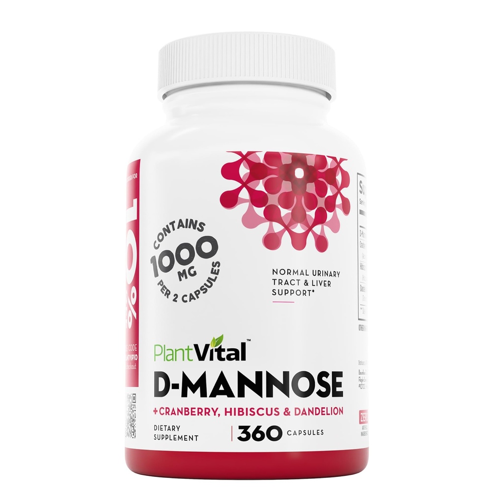 Cranberry가있는 Plantvital D Mannose 캡슐 - D-mannose 1000mg 캡슐 - Bladder, Kidney 및 Urinary Tract 지원을위한 높은 효능. Hibiscus와 Dandelion을 가진 크랜베리 분말. 6 달 공급