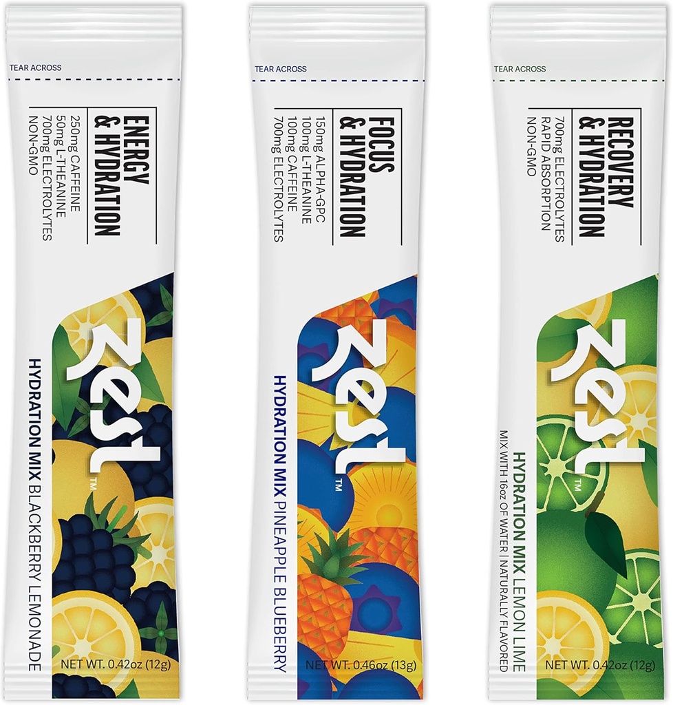 Zest Hydration Electrolyte Powder - 다양한 팩 - 혼합 w / 물 - 6 여행 패킷 - 낮은 설탕 보충 - 복구, 에너지, & 초점 음료 - 액체 Rehydration incl 소금 & 칼륨의 IV 기둥