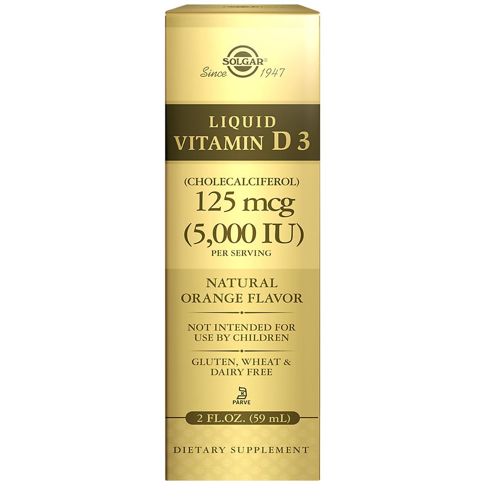 Solgar 액체 비타민 D3 125 mcg (5,000 IU), 2 fl oz - 맛있고, 자연 오렌지 맛 - 건강한 뼈와 치아 유지 - 면역 체계 지원 - 글루텐 무료, 낙농장 무료, 고셔 - 59 서빙