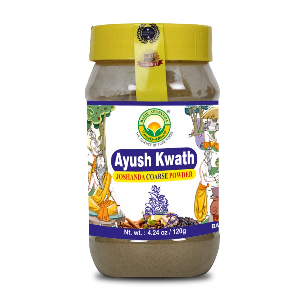 BASIC AYURVEDA Kwath Kadha Powder | 4.23 Oz (120g) | Cinnamon Ginger & Holy Basil의 향신료 혼합 | 허브티 & 핫 드링크 믹스를 위한 유기농 아유르베딕 파우더 | 스로트 지원