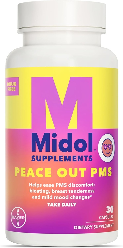 MIDOL은 평화 아웃 PMS, PMS 지원 보충, Chasteberry와 공식화하여 Ease Breast Tenderness & Mild Mood 변경, 또한 Ginger 분말 & Valerian 추출물, 30 카운트