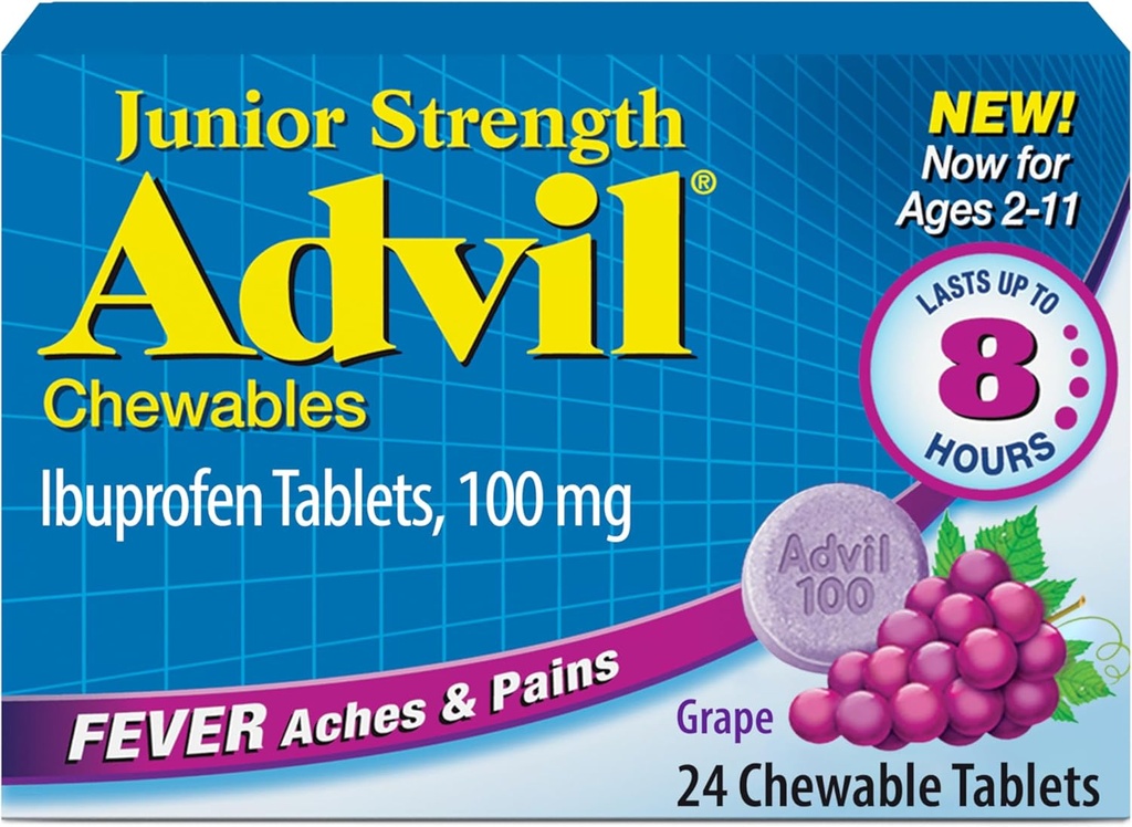 Advil Junior Strength Chewable Ibuprofen Pain Reliever와 Fever Reducer, 통증 완화를위한 어린이 Ibuprofen, 포도 - 24 정제